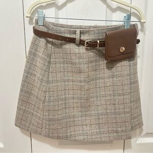 Plaid Mini Skirt with Belted Pouch - Brown S size